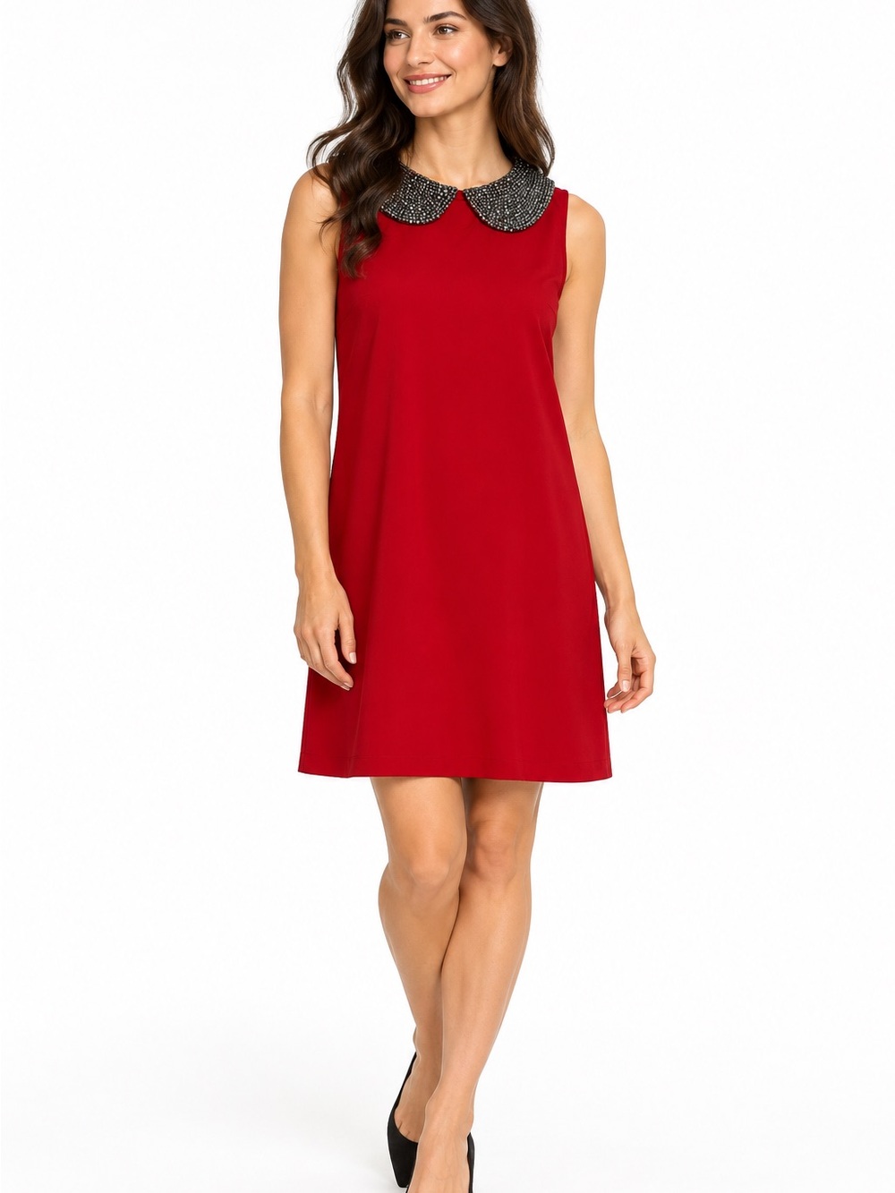 Red Sleeveless Shift Dress with Beaded Peter Pan Collar